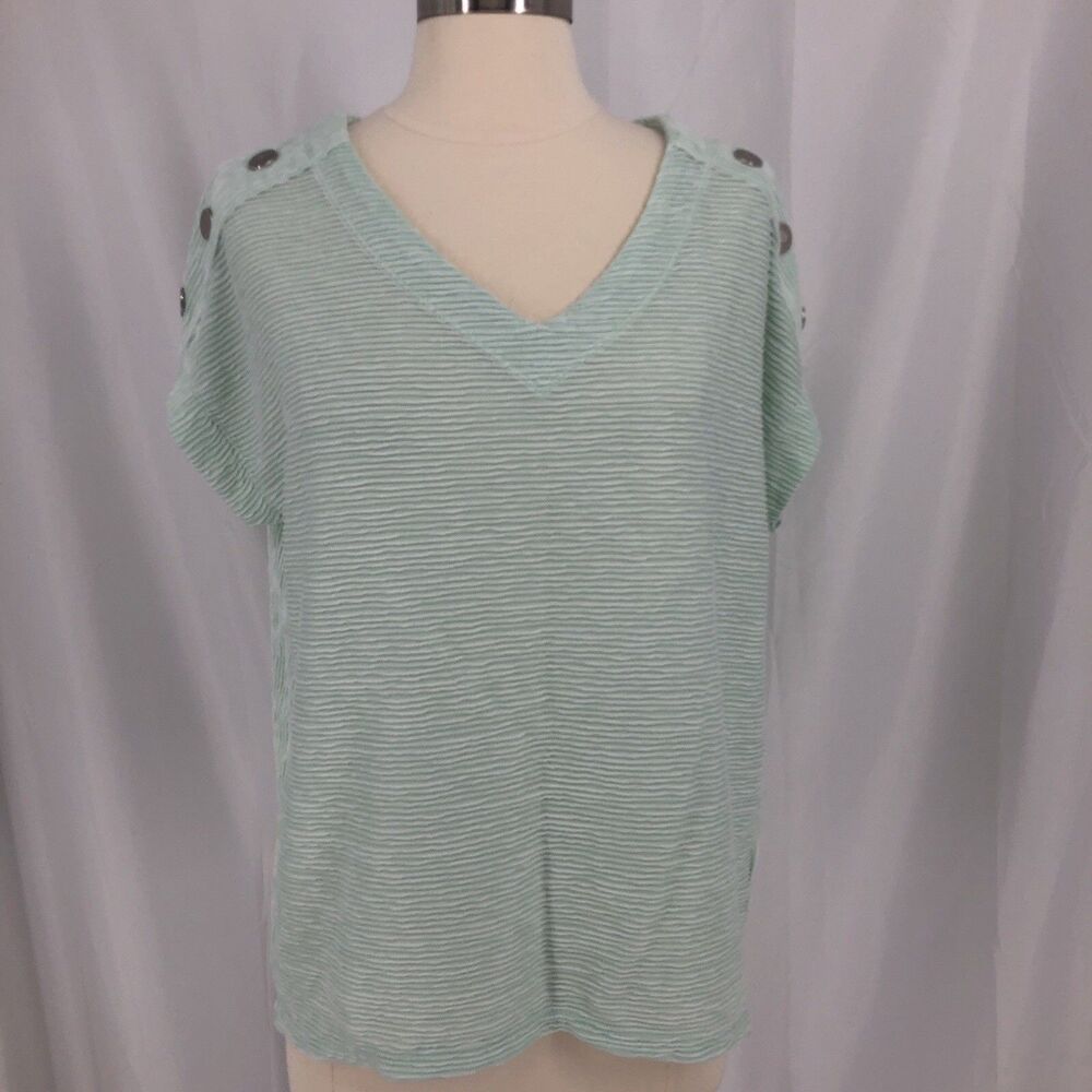 Jones New York Women's Textured Short Sleeve Top V-Neck Mint Button Shoulder